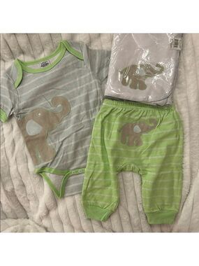 Elephant Striped Kids Set Green Gray 0-6 Months